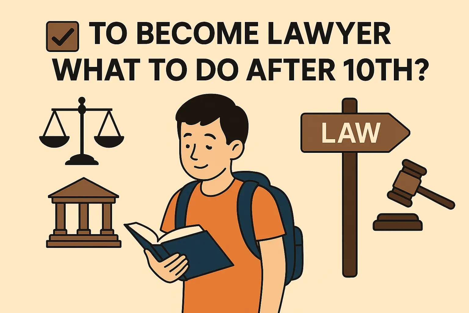 Illustration of a student holding a book with visuals related to law, including a gavel, scales of justice, a courthouse, and a signpost labeled 'LAW', under the title 'To Become Lawyer What to Do After 10th?' on a beige background.