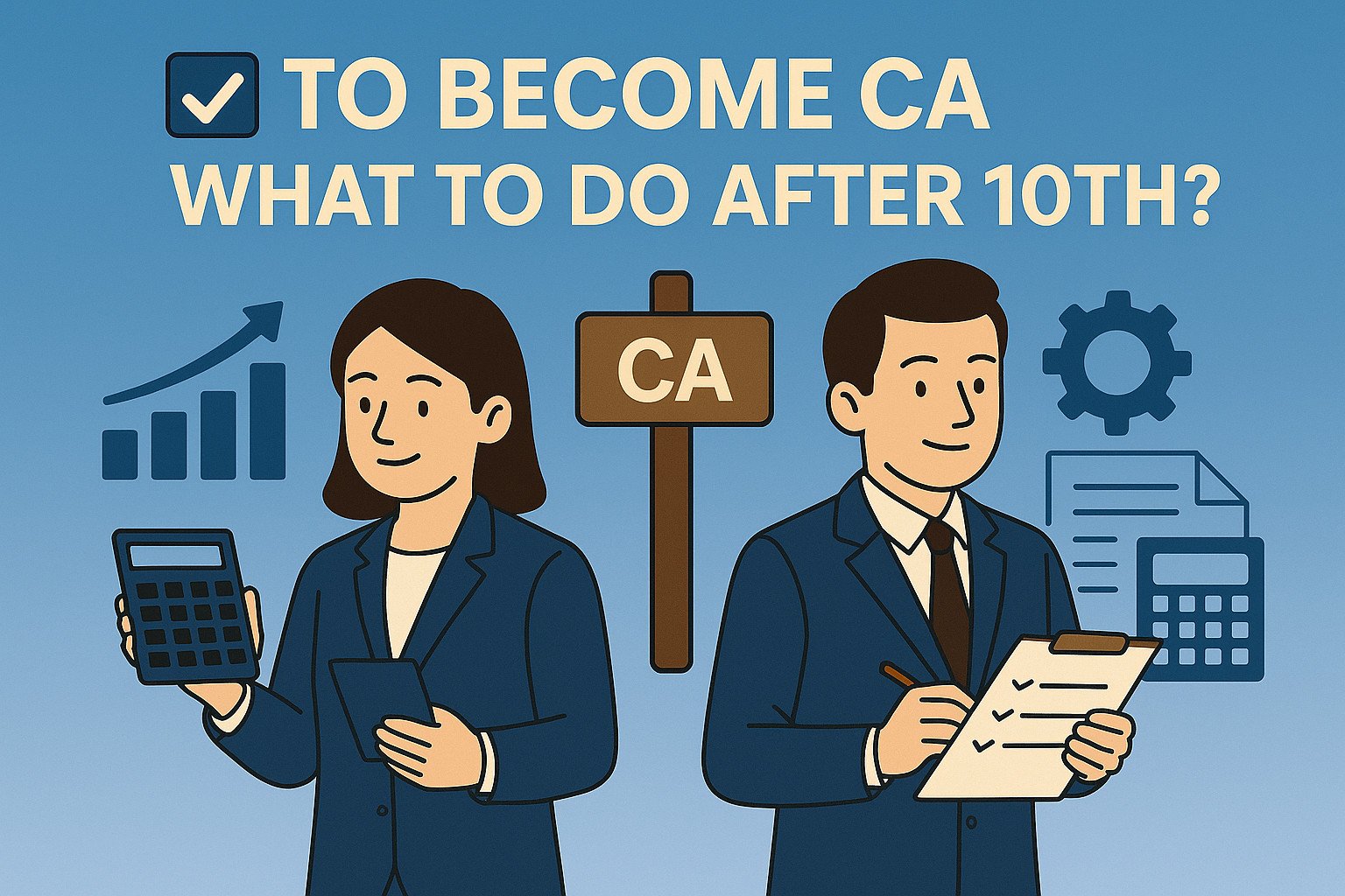 Animated illustration of a young man and woman dressed as Chartered Accountants (CAs) holding financial tools like a calculator and clipboard, with financial icons such as bar charts, documents, and a gear symbol in the background. A signpost labeled 'CA' stands between them, under the title 'To Become CA What to Do After 10th?' on a blue gradient background.