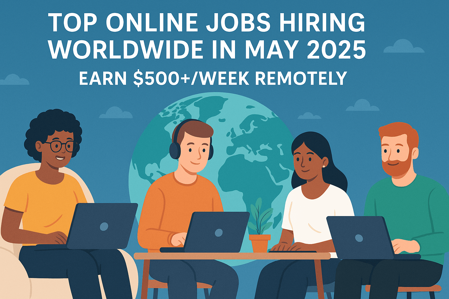 Illustration of remote international workers doing online jobs from laptops – May 2025