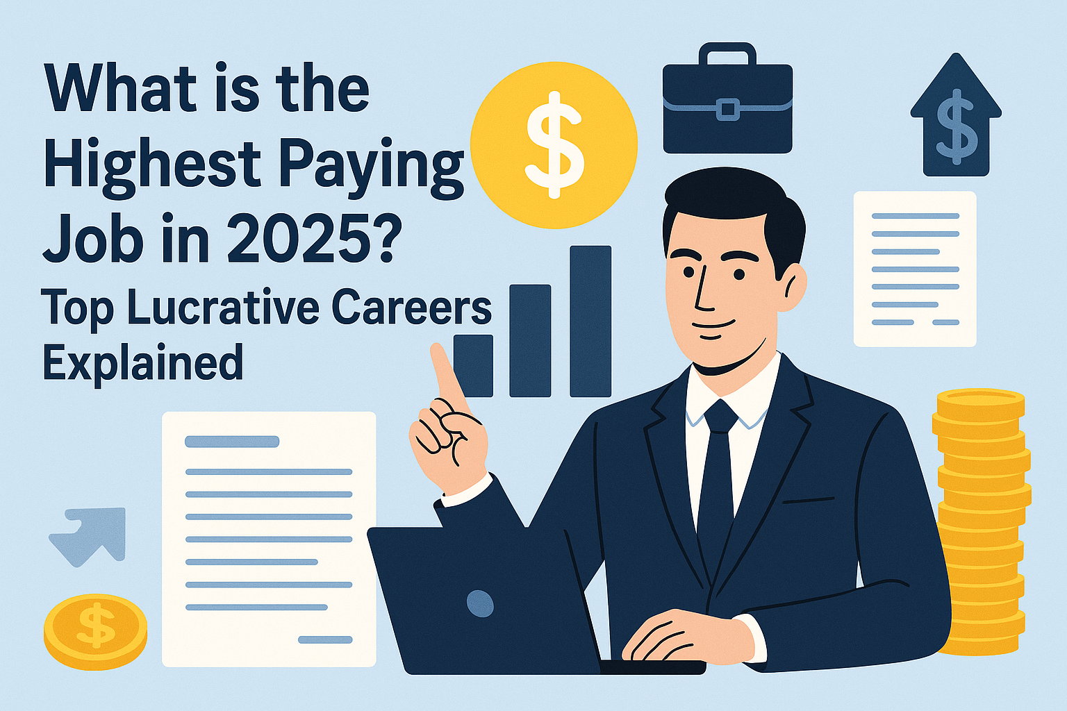 Landscape digital illustration showing a confident young man in a navy suit surrounded by career and finance symbols like gold coins, an upward arrow chart, a folder, and a dollar sign. The text “What is the Highest Paying Job in 2025? Top Lucrative Careers Explained” is boldly displayed on a light blue background.