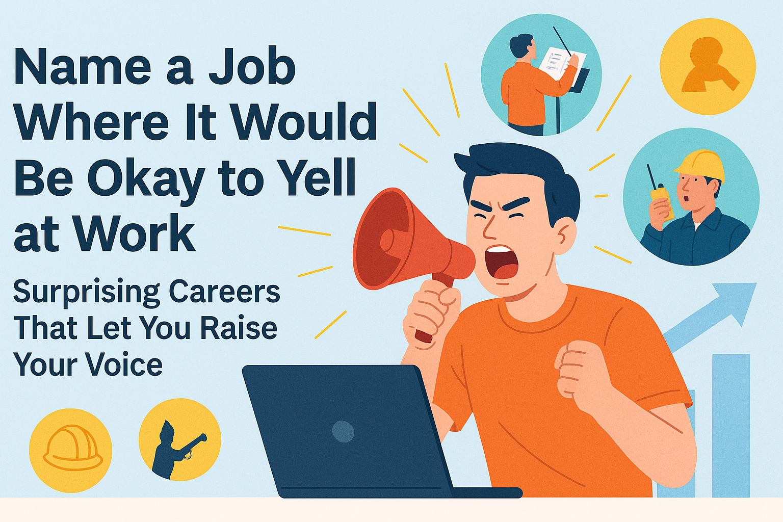 Landscape digital illustration featuring a man shouting through a megaphone, with the bold title “Name a Job Where It’s Okay to Yell at Work” and subtitle “Surprising Careers That Let You Raise Your Voice.” Surrounding him are circular icons representing loud professions like a referee, orchestra conductor, and construction supervisor, all set against a light blue background with vibrant pastel accents.