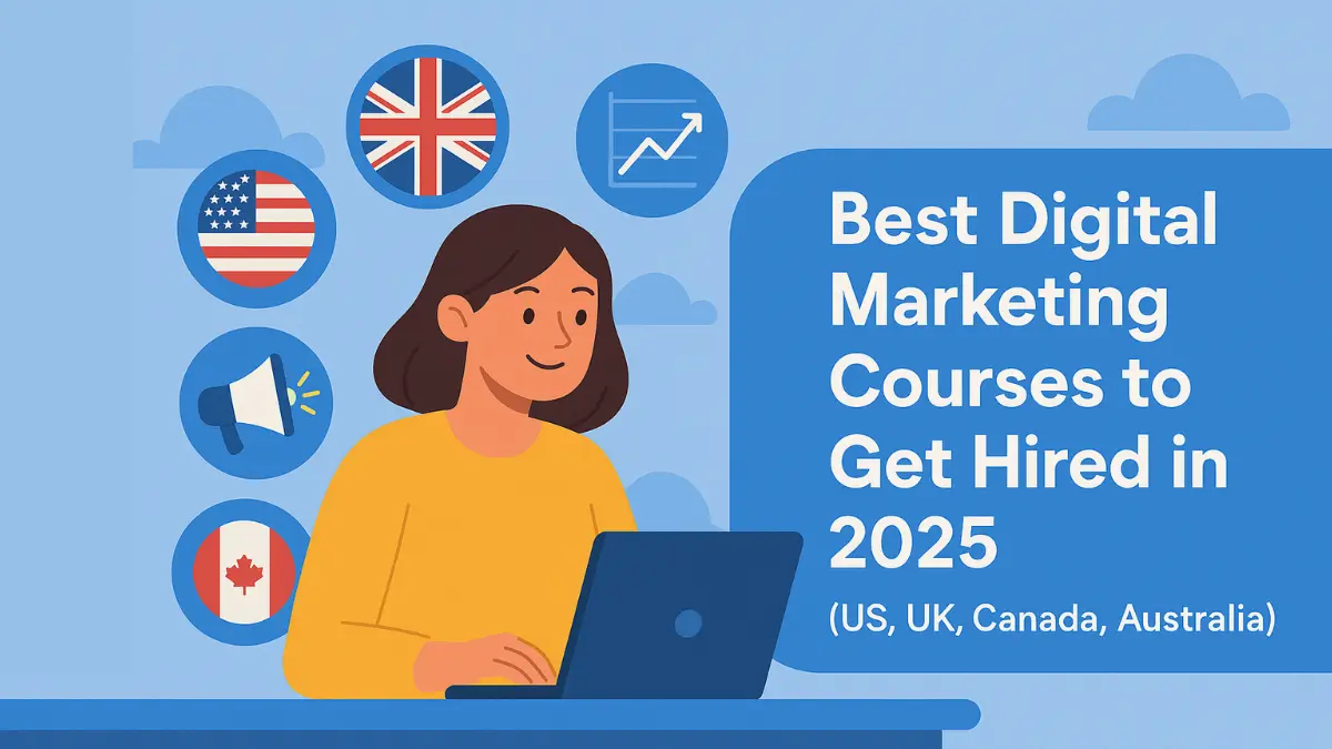 Flat-style digital illustration featuring a smiling young woman in a mustard yellow top working on a laptop. Surrounding her are circular icons of country flags (USA, UK, Canada, Australia), a megaphone, and a growth chart. Bold text reads “Best Digital Marketing Courses to Get Hired in 2025 (US, UK, Canada, Australia)” on a blue background with light clouds.