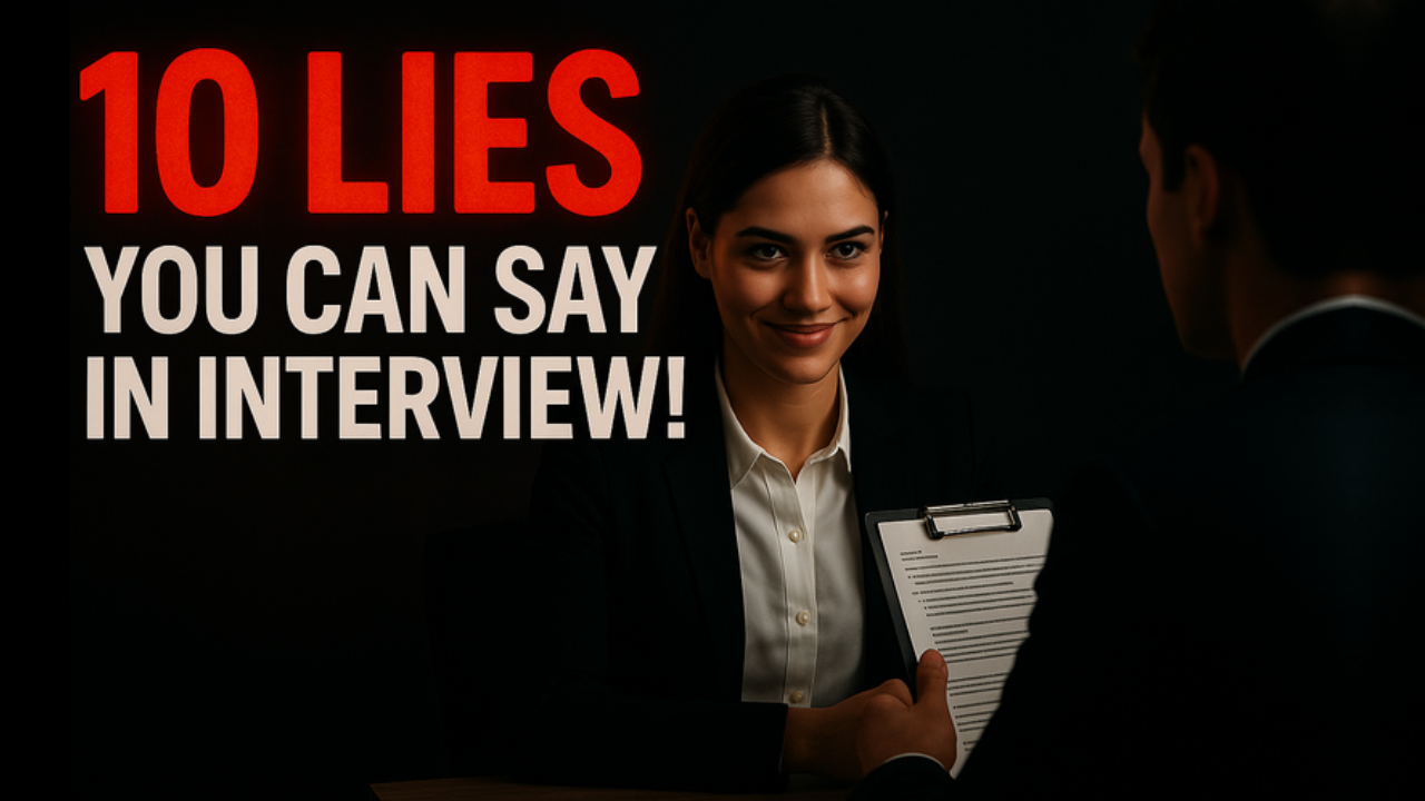 Smiling woman in a business suit holding a clipboard during a job interview, with bold text saying '10 LIES YOU CAN SAY IN INTERVIEW!' on a dark background.