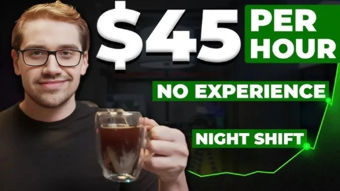 Smiling young man with glasses holding a cup of coffee, advertising a $45 per hour job opportunity. Text highlights ‘No Experience’ and ‘Night Shift’ in green banners.