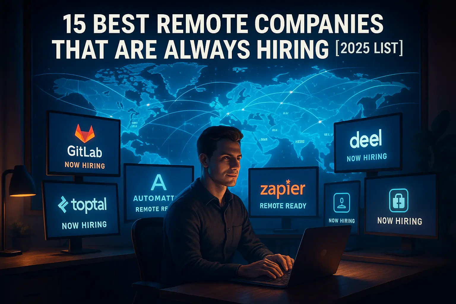 Man working on laptop surrounded by screens showing top remote companies hiring in 2025 like GitLab, Toptal, Automattic, Zapier, and Deel
