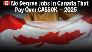 Person holding a Canadian flag with bold headline: No Degree Jobs in Canada That Pay Over CA$60K – 2025