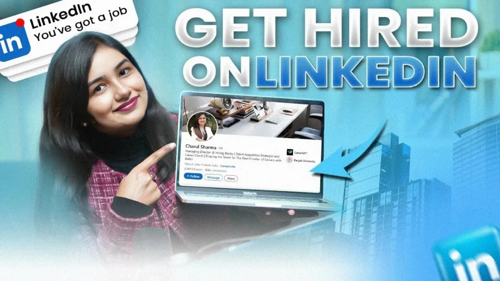 Young woman pointing to LinkedIn profile on laptop with 'Get Hired on LinkedIn' text – LinkedIn job success visual for career tips