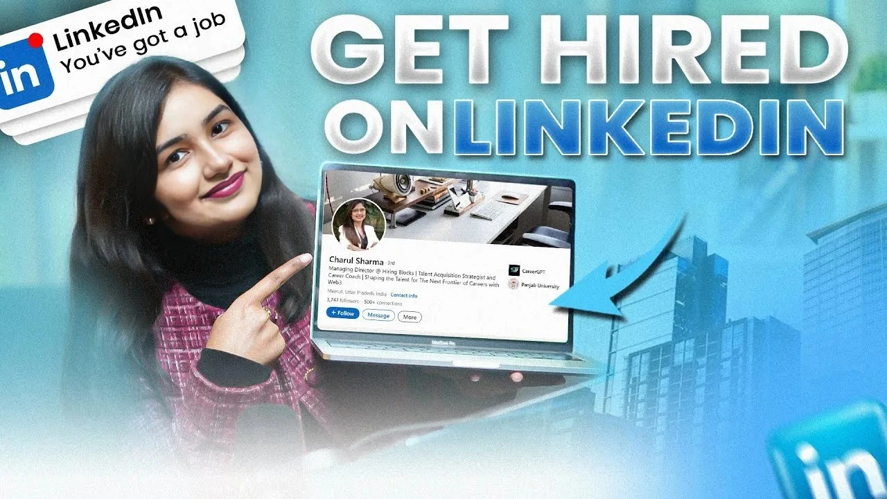 Young woman pointing to LinkedIn profile on laptop with 'Get Hired on LinkedIn' text – LinkedIn job success visual for career tips