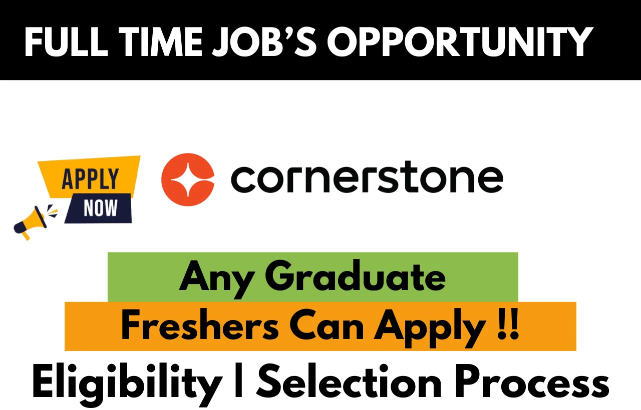 Full-time job opportunity at Cornerstone for any graduate, including freshers. The image uses black, white, green, and orange color schemes. It features a prominent 'Apply Now' call to action with a megaphone icon and highlights eligibility and selection process details.