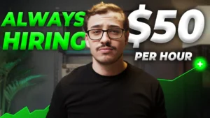 Man with glasses and mustache under text 'Always Hiring $50 Per Hour' — remote job opportunity visual