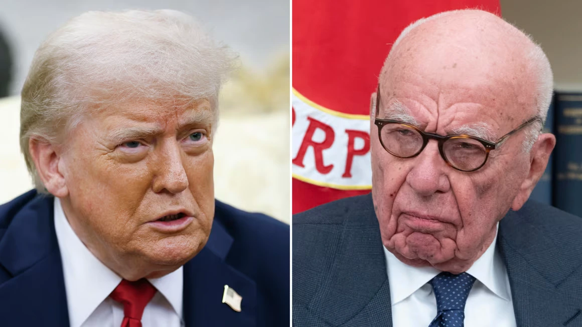 Illustration of Donald Trump and Rupert Murdoch facing off amid media controversy, symbolizing their legal rift over a Wall Street Journal story linking Trump to Jeffrey Epstein.
