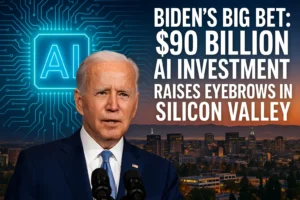 A digital composite illustration showing President Joe Biden standing beside large futuristic AI servers, with "$90 Billion Investment" highlighted in bold text and a glowing Silicon Valley map in the background. Visual elements emphasize advanced technology, innovation, and federal funding.