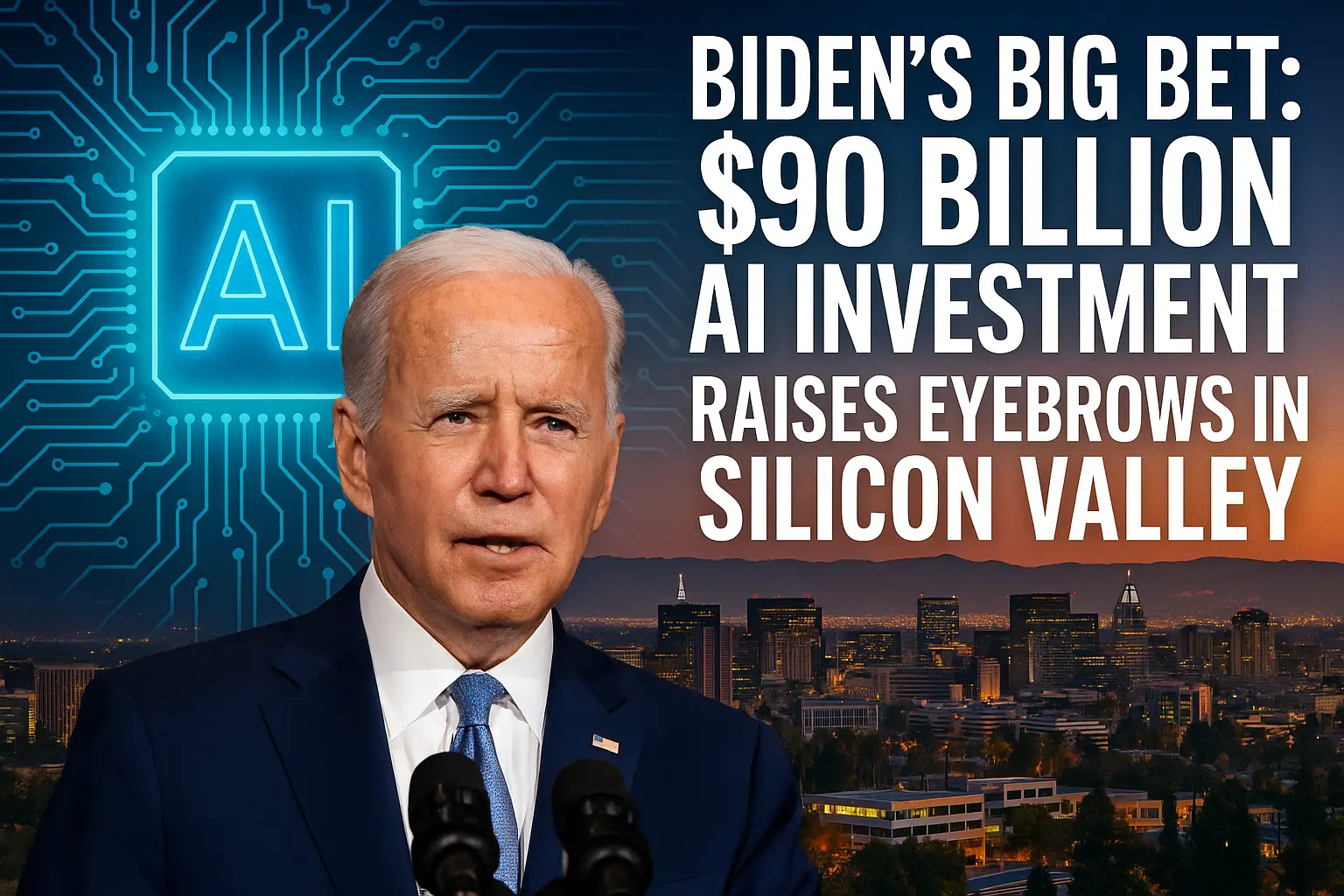 A digital composite illustration showing President Joe Biden standing beside large futuristic AI servers, with "$90 Billion Investment" highlighted in bold text and a glowing Silicon Valley map in the background. Visual elements emphasize advanced technology, innovation, and federal funding.