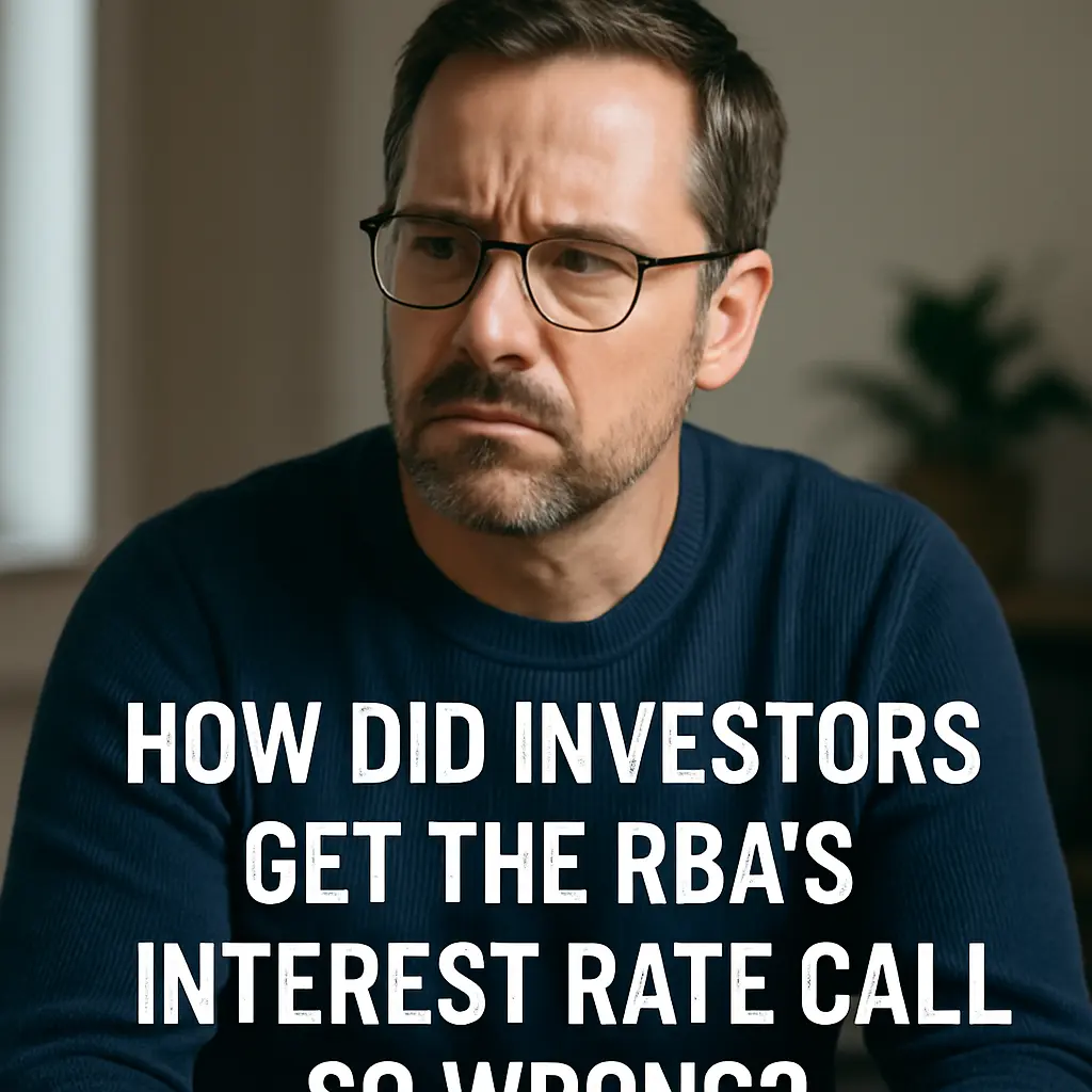 A thoughtful middle-aged man with glasses and a neatly groomed beard sits indoors wearing a navy blue sweater. He looks slightly concerned, with furrowed brows, as natural light filters through a nearby window. Bold text at the bottom of the image reads, "HOW DID INVESTORS GET THE RBA'S INTEREST RATE CALL SO WRONG?"