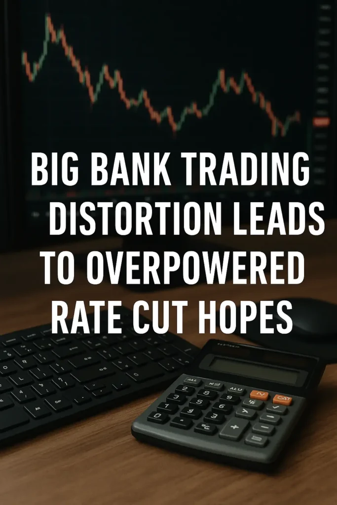 Current image: A digital photograph features bold white capital letters stating "BIG BANK TRADING DISTORTION LEADS TO OVERPOWERED RATE CUT HOPES" overlaid on a blurred background of a financial candlestick chart. In the foreground, a black keyboard, a scientific calculator, and a computer mouse rest on a wooden desk, symbolizing financial analysis and trading activity.
