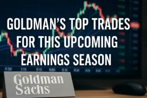 A digital photograph displays a bold white headline that reads, “Goldman’s Top Trades for This Upcoming Earnings Season” over a blurred background of a colorful candlestick chart. In the foreground, a brushed metal nameplate with the Goldman Sachs logo rests on a wooden desk beside a computer mouse, symbolizing financial strategy and market analysis.