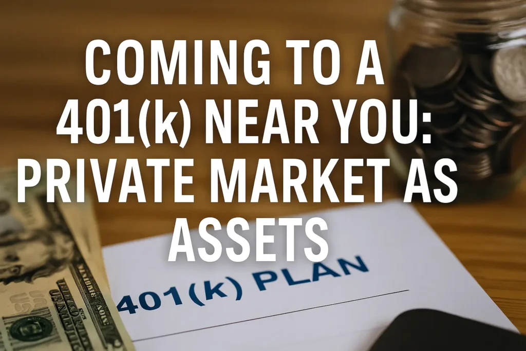 Current image: A digital photograph combining financial elements and bold white headline text that reads, “Coming to a 401(k) Near You: Private Market Assets.” The background features a close-up of a 401(k) plan document on a wooden desk, alongside a stack of U.S. dollar bills and a glass jar filled with coins, symbolizing retirement savings and investment opportunities.