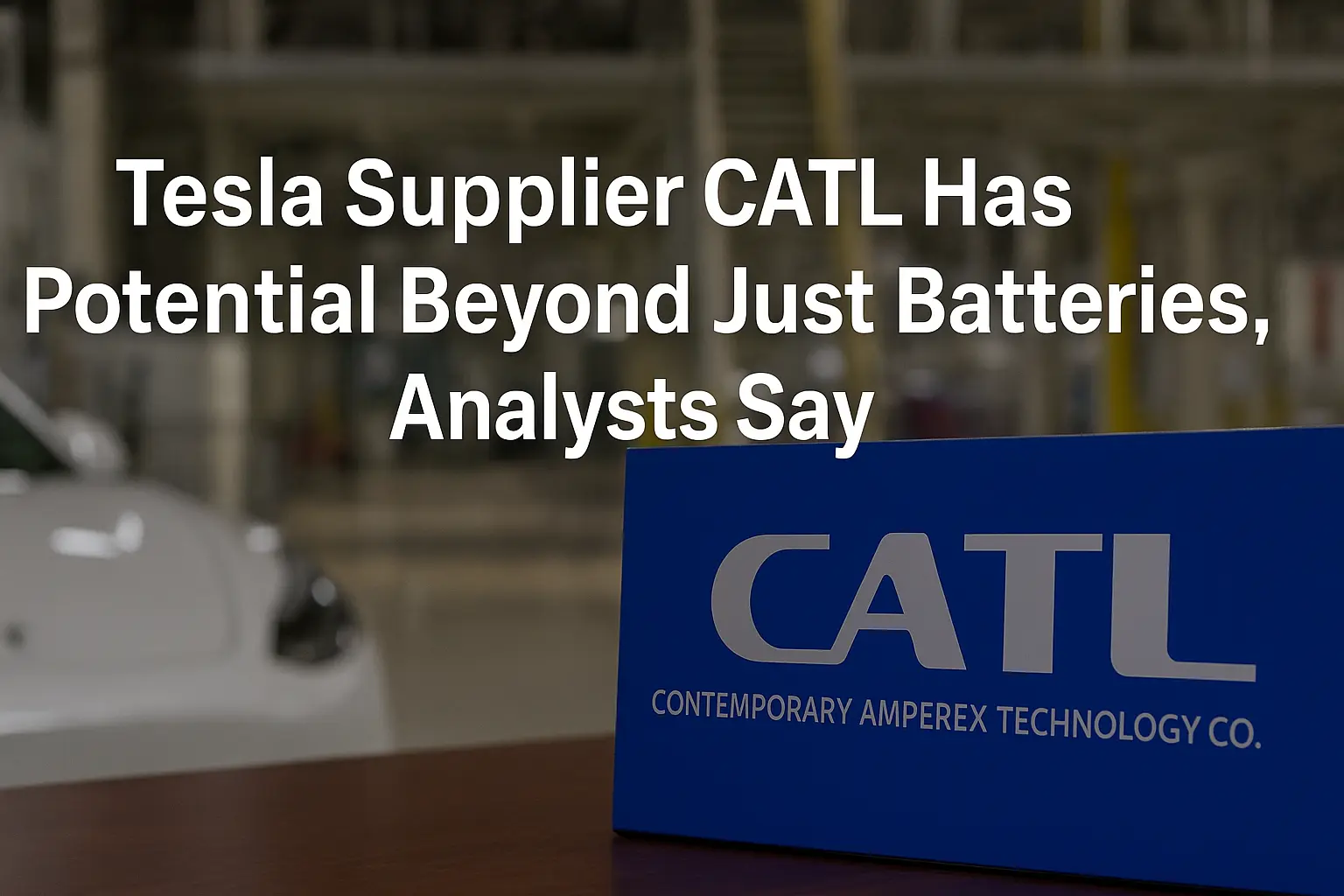 A digital photograph features a bold white headline that reads, “Tesla Supplier CATL Has Potential Beyond Just Batteries, Analysts Say,” over a blurred background of an industrial facility. In the foreground, a blue nameplate displays the CATL logo with the full name "Contemporary Amperex Technology Co.," placed beside a partially visible white Tesla vehicle, symbolizing innovation and global EV partnerships.