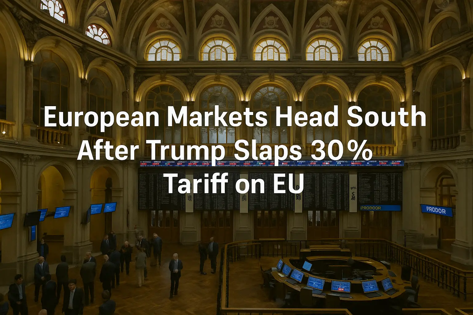 A digital photograph shows the interior of a European stock exchange with ornate architecture, large arched windows, and traders walking across the wooden floor. Digital screens display falling stock prices, while bold white overlaid text reads, “European Markets Head South After Trump Slaps 30% Tariff on EU,” highlighting the financial impact of the recent tariff announcement.