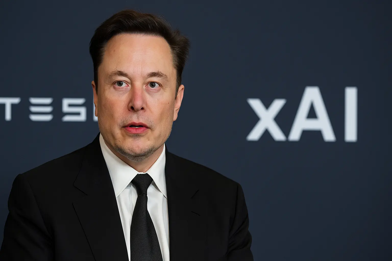 Elon Musk speaking at an event, dressed in a black suit and tie, with the Tesla and xAI logos displayed on a dark blue background behind him.