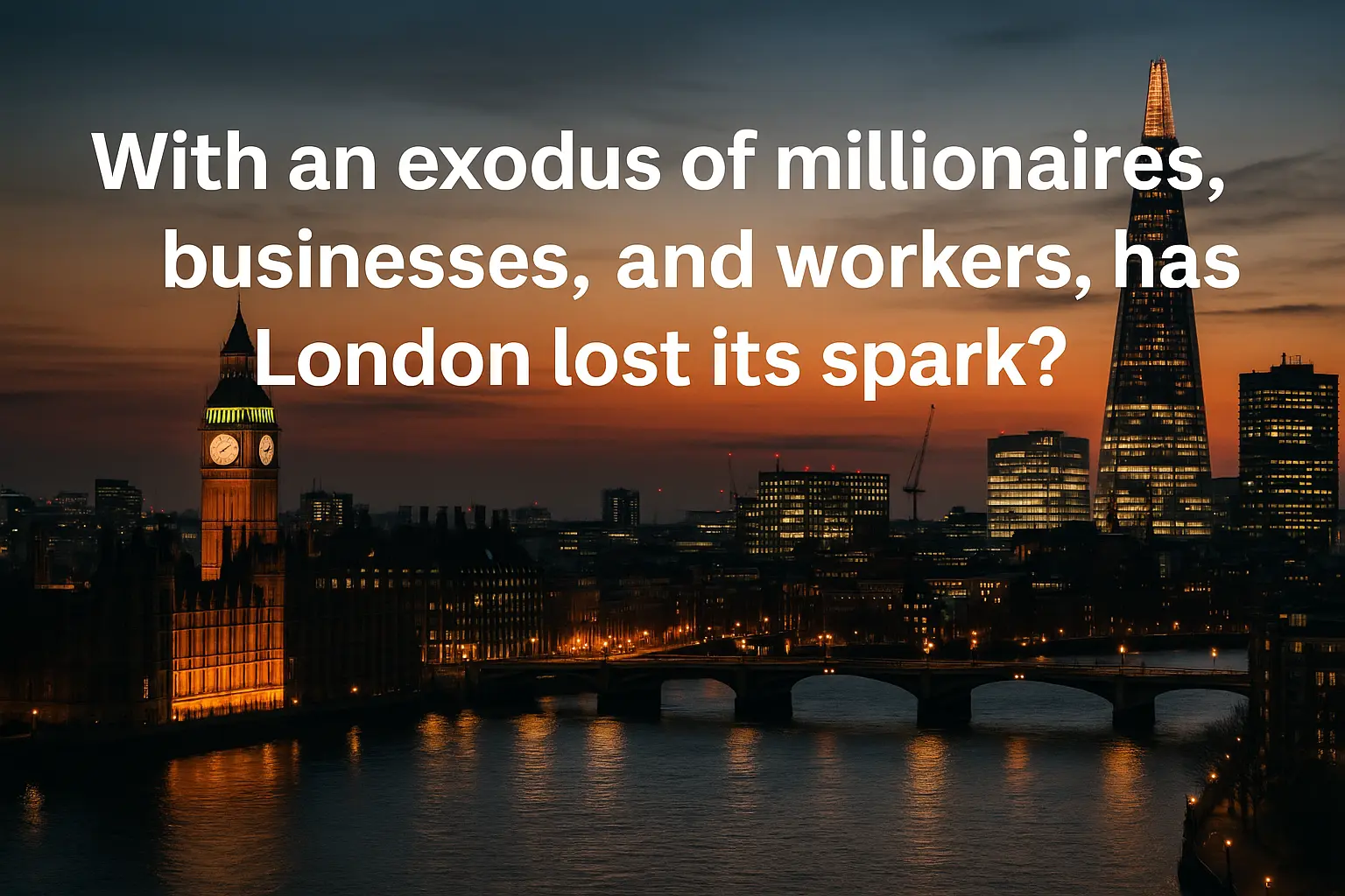 London skyline at dusk featuring Big Ben, the Houses of Parliament, and the Shard, with the River Thames in the foreground and the text "With an exodus of millionaires, businesses, and workers, has London lost its spark?" overlaid across the sky.