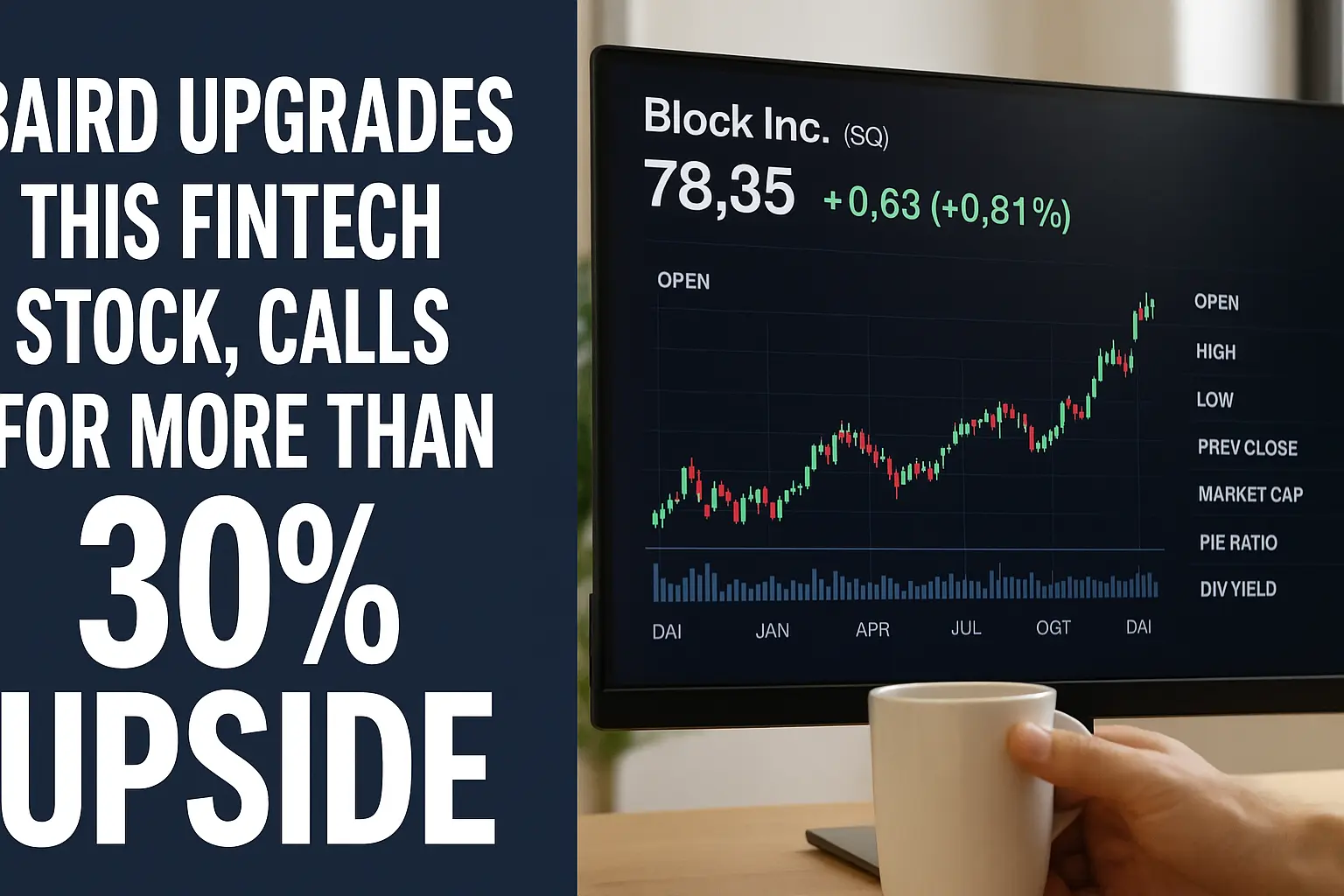 Computer monitor displaying Block Inc. (SQ) stock chart with upward trend and financial data, alongside bold text reading 'Baird upgrades this fintech stock, calls for more than 30% upside' on a navy blue background; a hand holding a coffee mug is visible in the foreground.