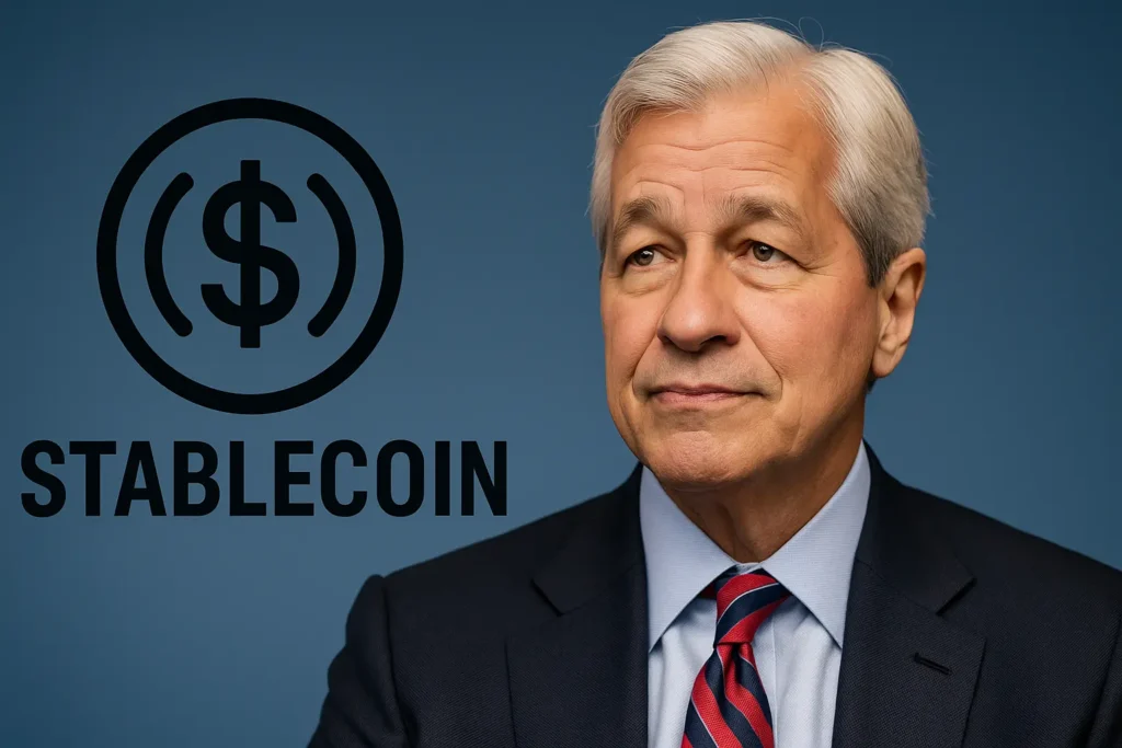 Current image: Jamie Dimon, CEO of JPMorgan Chase, wearing a dark suit and red-striped tie, stands against a blue background next to a large stablecoin symbol and the word "STABLECOIN," representing JPMorgan's entry into the digital currency space.