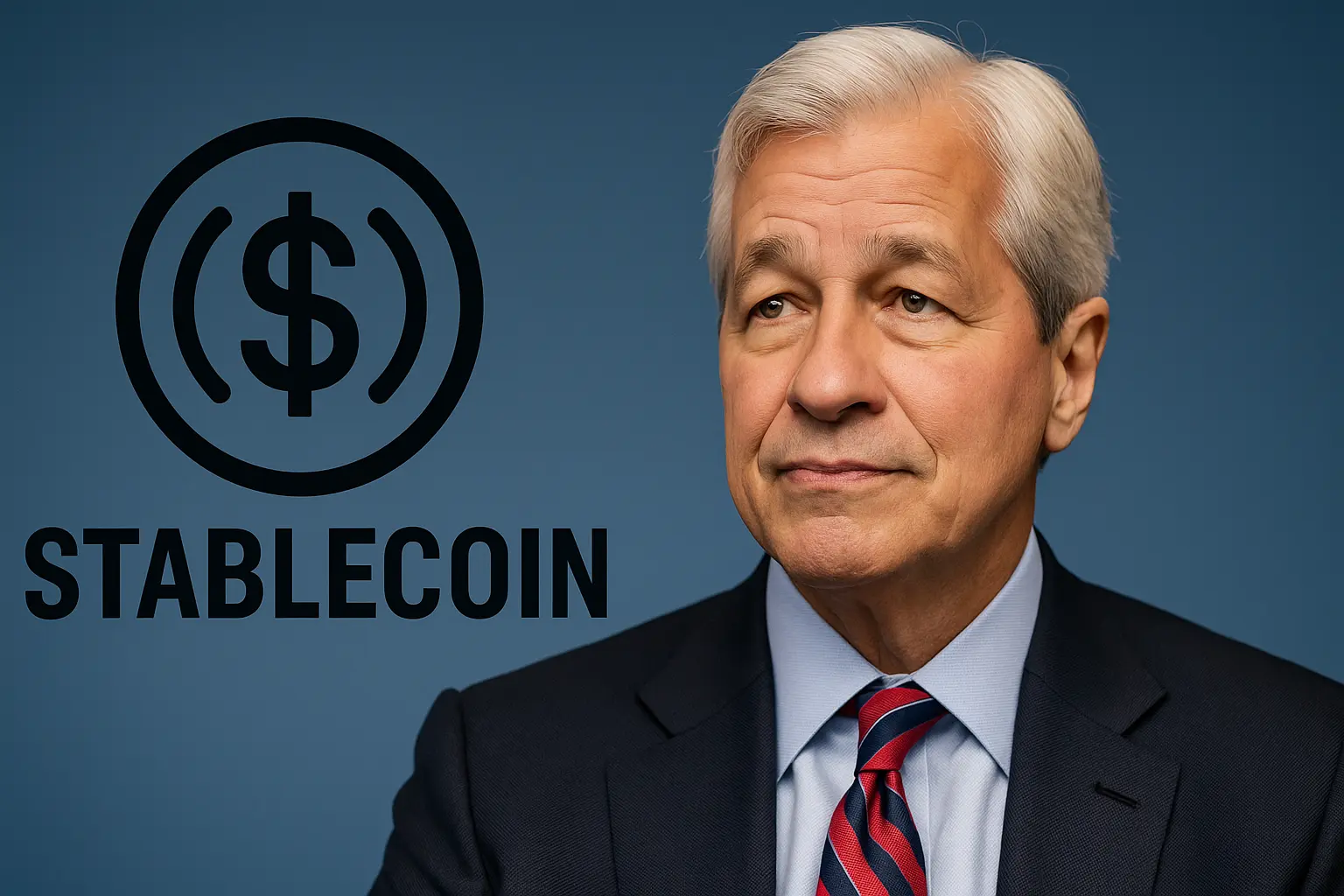 Jamie Dimon, CEO of JPMorgan Chase, wearing a dark suit and red-striped tie, stands against a blue background next to a large stablecoin symbol and the word "STABLECOIN," representing JPMorgan's entry into the digital currency space.