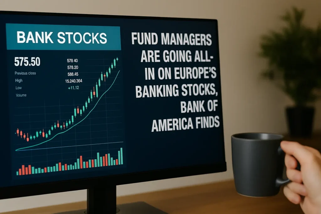 Current image: Computer screen displaying a rising bank stocks chart with financial data and the headline 'Fund managers are going all-in on Europe’s banking stocks, Bank of America finds'; a hand holding a black coffee mug is visible, with a blurred plant in the background.