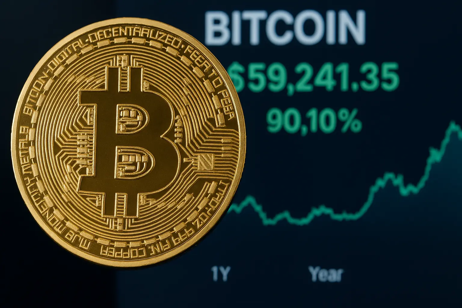 A close-up image of a golden Bitcoin coin in front of a digital screen displaying Bitcoin’s price at $59,241.35 and a 90.10% yearly increase, with a price chart trending upward in the background.