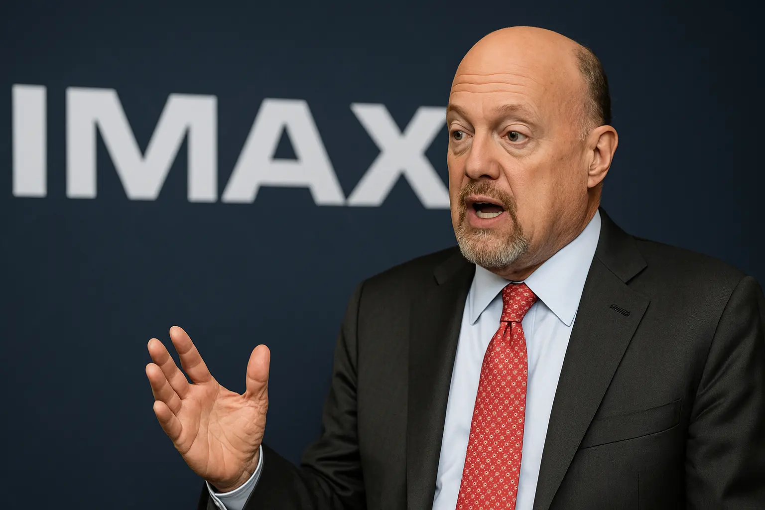 Jim Cramer, wearing a dark suit and red tie, speaks passionately with a hand gesture in front of a dark blue background featuring a large glowing IMAX logo, symbolizing his investment endorsement of the company.