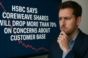 A concerned businessman looks at a screen displaying a headline that reads, "HSBC says CoreWeave shares will drop more than 70% on concerns about customer base," alongside a sharply declining red stock chart on a dark blue background.