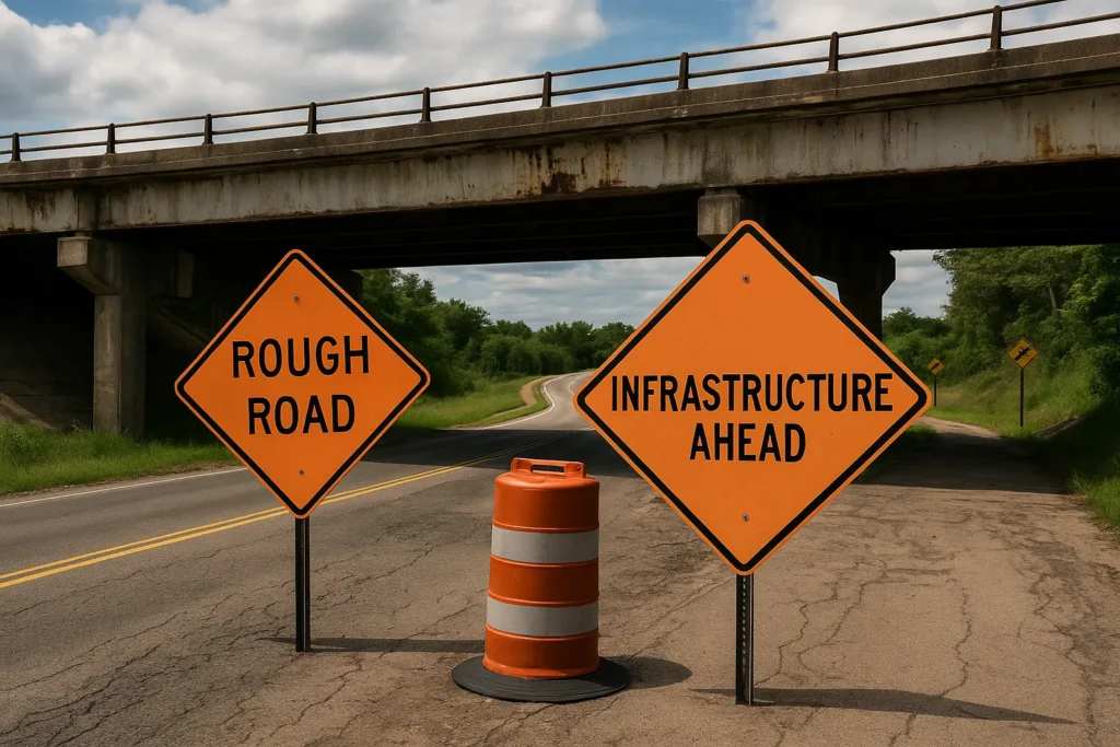 Current image: A high-resolution photograph captures deteriorating road infrastructure with visible cracks and potholes, symbolizing poor state-level maintenance in America—ideal for a blog about the worst infrastructure states in 2025.