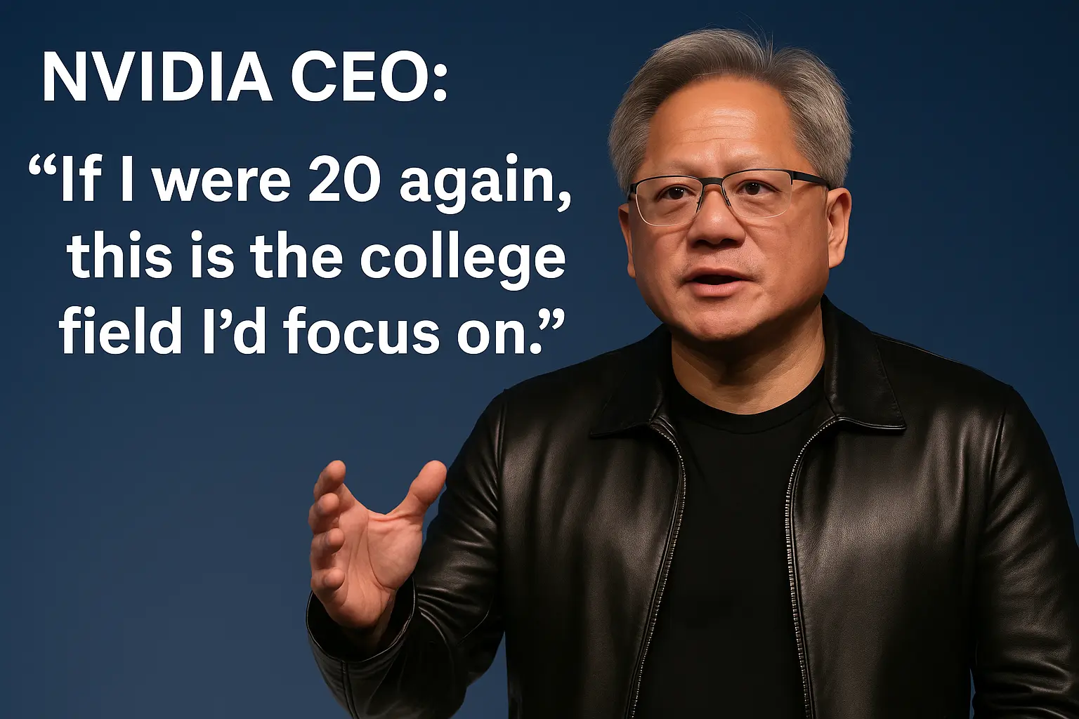 "Jensen Huang, CEO of Nvidia, speaking at a tech conference, wearing a black leather jacket, with a quote on screen reading: 'If I were 20 again, this is the college field I’d focus on.'"