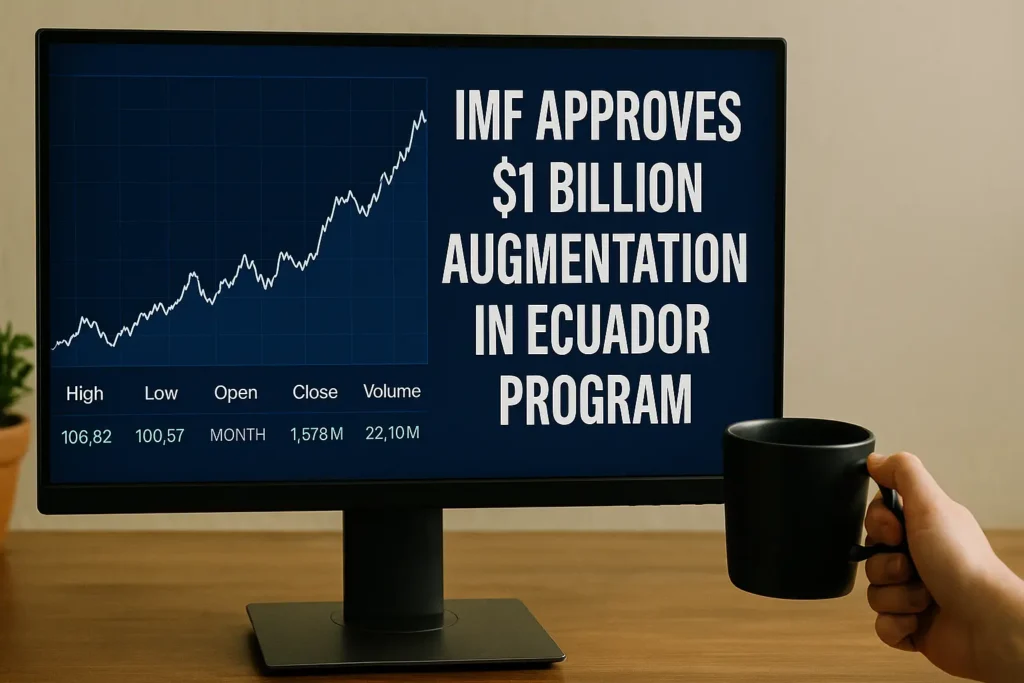 Current image: Computer monitor displaying a financial chart and the headline 'IMF Approves $1 Billion Augmentation in Ecuador Program'; a hand holding a black coffee mug is visible on a wooden desk, with a potted plant in the background.