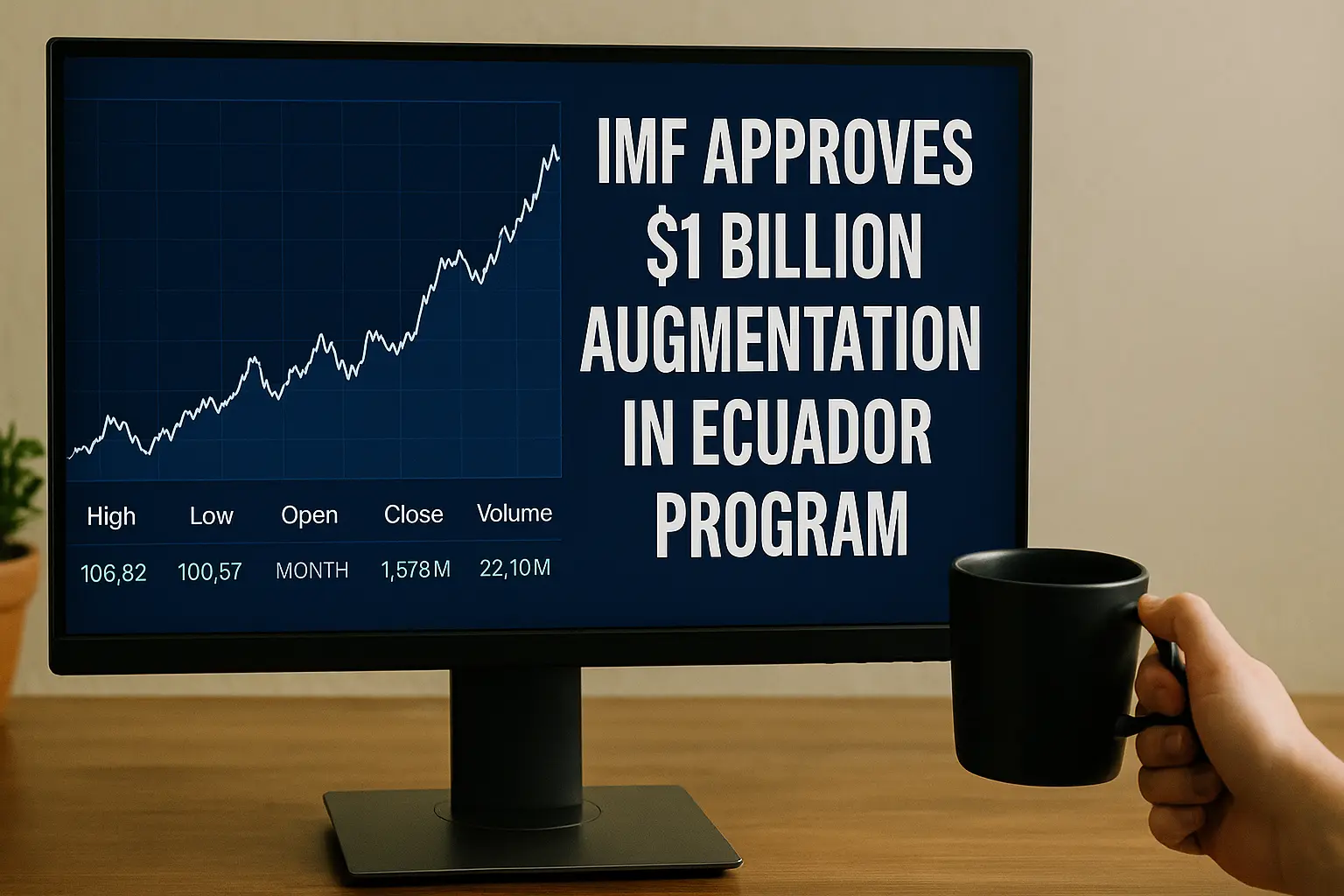 Computer monitor displaying a financial chart and the headline 'IMF Approves $1 Billion Augmentation in Ecuador Program'; a hand holding a black coffee mug is visible on a wooden desk, with a potted plant in the background.