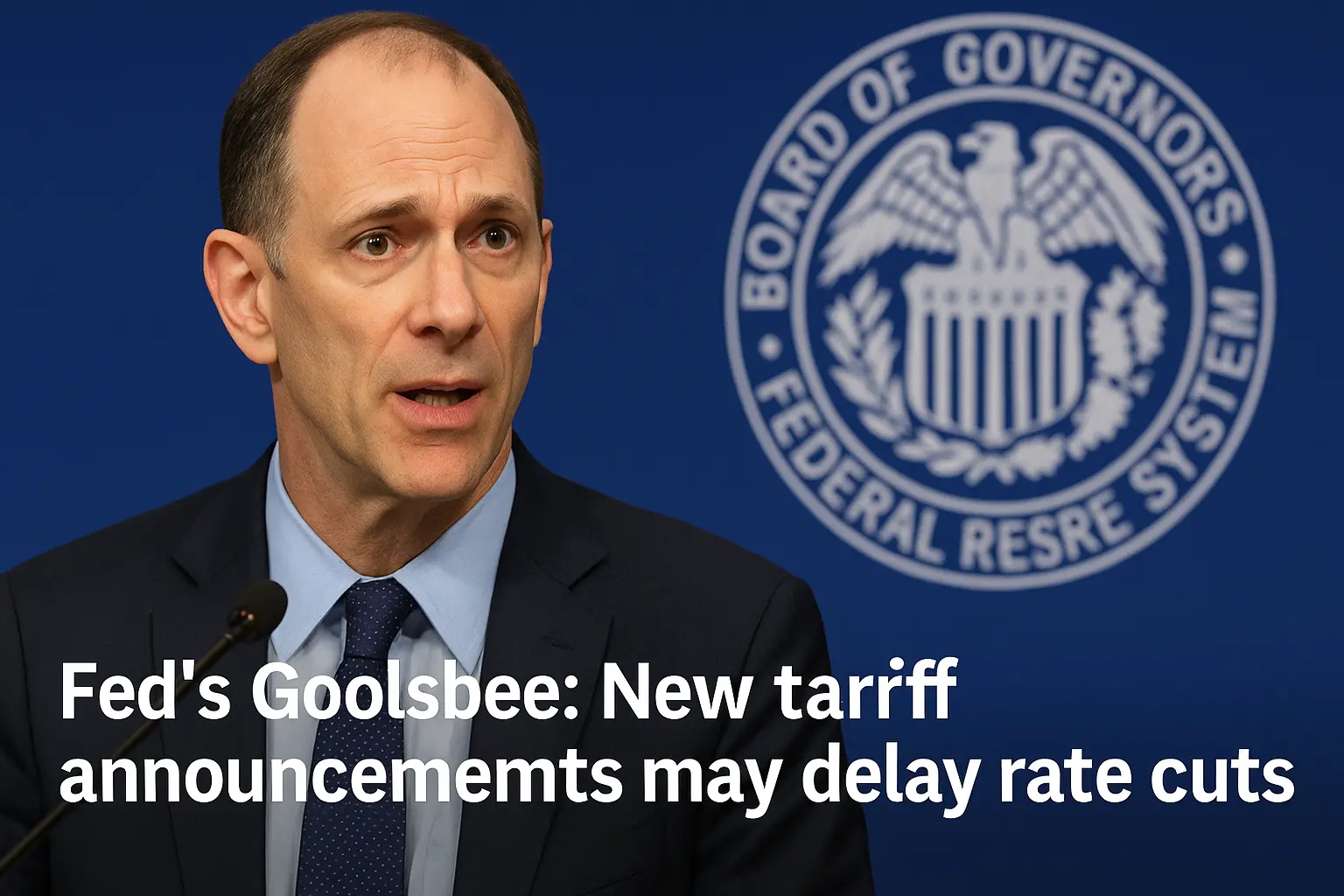 Austan Goolsbee, Federal Reserve official, speaking at a press conference with the Federal Reserve System seal in the background, addressing concerns over new tariff announcements potentially delaying interest rate cuts.