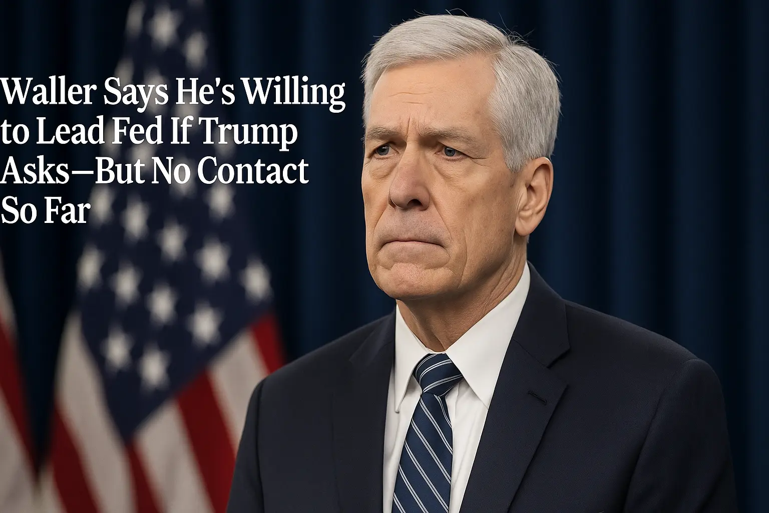 A serious middle-aged man in a navy suit and striped tie stands in front of American flags and a blue curtain backdrop, representing Federal Reserve leadership. Text overlay reads: 'Waller Says He's Willing to Lead Fed If Trump Asks—But No Contact So Far'.