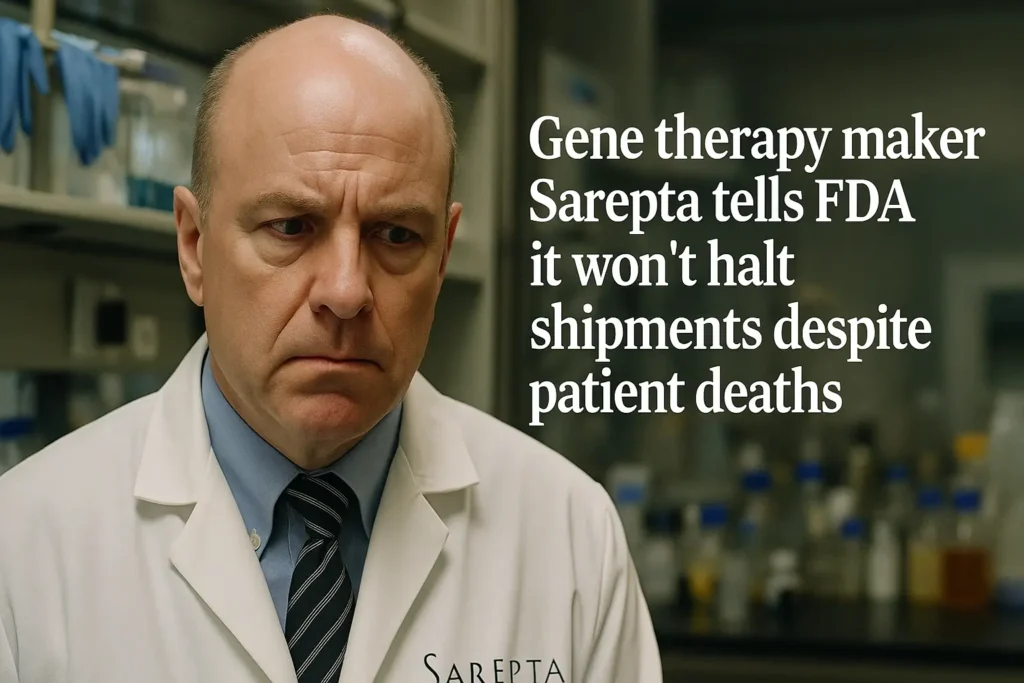 Current image: A concerned middle-aged man in a lab coat labeled 'Sarepta' stands in a medical laboratory with shelves of scientific equipment and bottles in the background. Text overlay reads: 'Gene therapy maker Sarepta tells FDA it won't halt shipments despite patient deaths'.