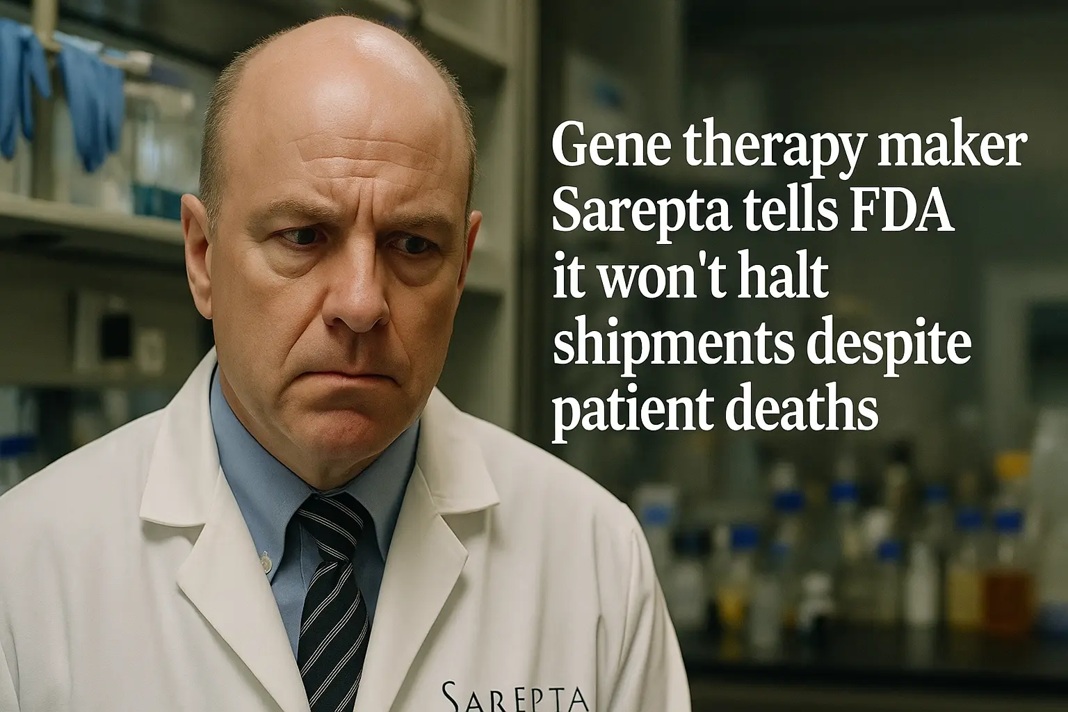 A concerned middle-aged man in a lab coat labeled 'Sarepta' stands in a medical laboratory with shelves of scientific equipment and bottles in the background. Text overlay reads: 'Gene therapy maker Sarepta tells FDA it won't halt shipments despite patient deaths'.