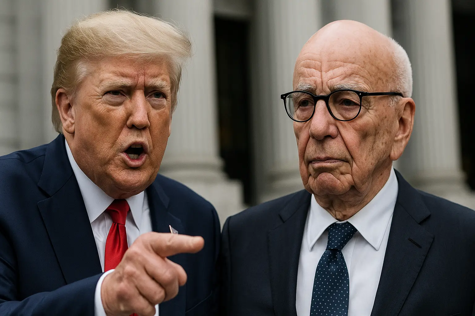 Former President Donald Trump points and speaks assertively beside Rupert Murdoch, who appears serious and distant, as they stand in front of government-style stone columns—symbolizing the fallout of their political and media alliance.