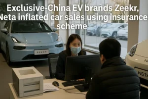 An insurance agent in a modern showroom discusses paperwork with a customer, with Zeekr and Neta electric vehicles prominently displayed in the background, highlighting the context of inflated EV sales through insurance schemes in China.