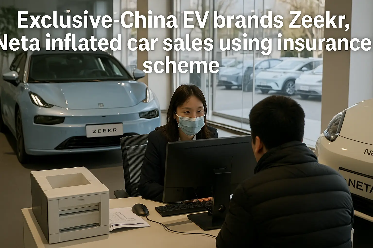 An insurance agent in a modern showroom discusses paperwork with a customer, with Zeekr and Neta electric vehicles prominently displayed in the background, highlighting the context of inflated EV sales through insurance schemes in China.