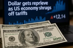 Close-up of US $100 bills placed in front of a screen displaying the headline "Dollar gets reprieve as US economy shrugs off tariffs" with a rising stock chart, symbolizing economic resilience and currency strength.