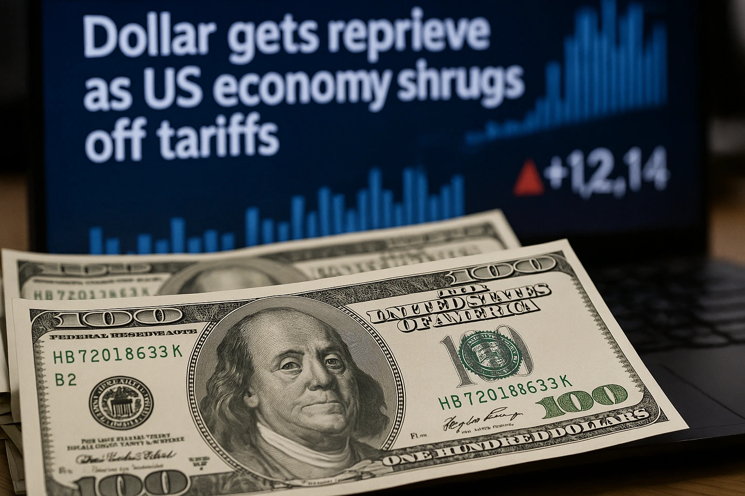 Close-up of US $100 bills placed in front of a screen displaying the headline "Dollar gets reprieve as US economy shrugs off tariffs" with a rising stock chart, symbolizing economic resilience and currency strength.