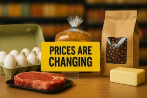 A grocery display featuring eggs, steak, coffee beans, bread, and butter with a bright yellow sign reading “PRICES ARE CHANGING,” highlighting rising and shifting food costs in 2025.