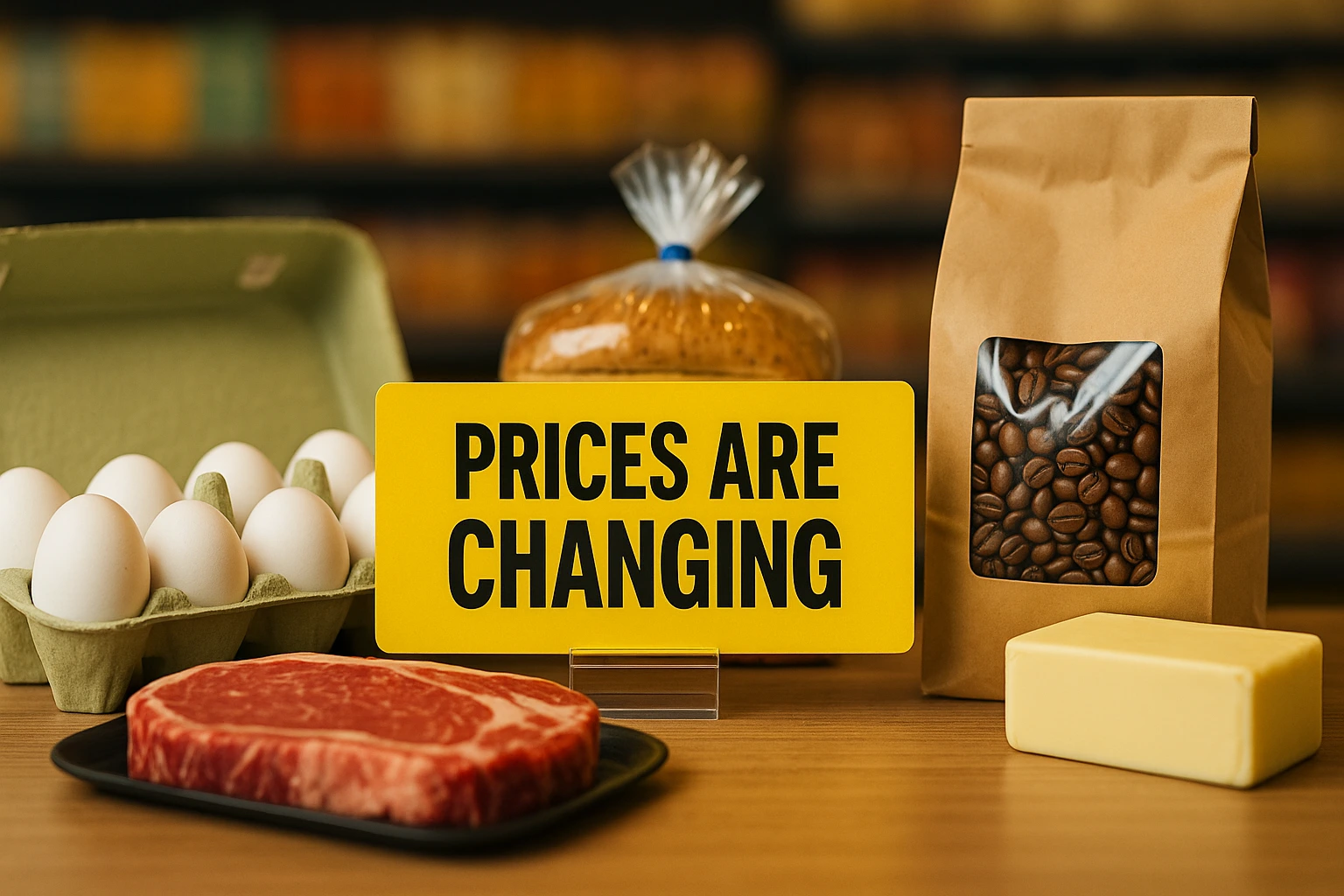 A grocery display featuring eggs, steak, coffee beans, bread, and butter with a bright yellow sign reading “PRICES ARE CHANGING,” highlighting rising and shifting food costs in 2025.