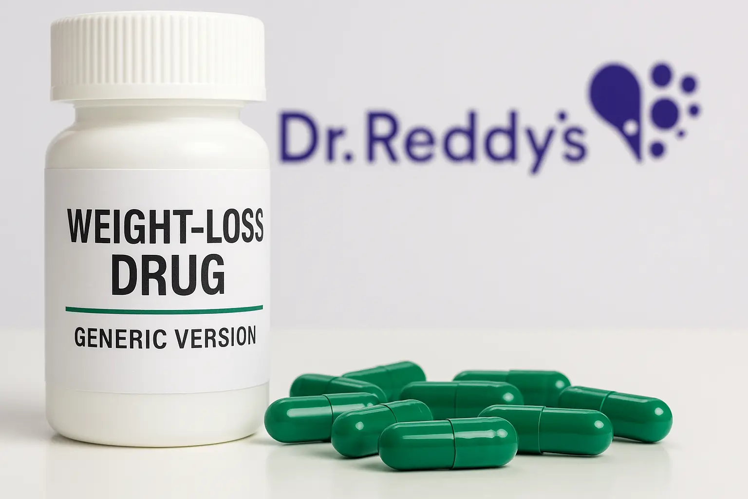 A photograph features a white prescription bottle labeled “WEIGHT-LOSS DRUG – GENERIC VERSION” alongside several green capsules on a clean surface, with the blurred Dr. Reddy’s logo in the background—symbolizing India’s pharmaceutical push into generic weight-loss medications.