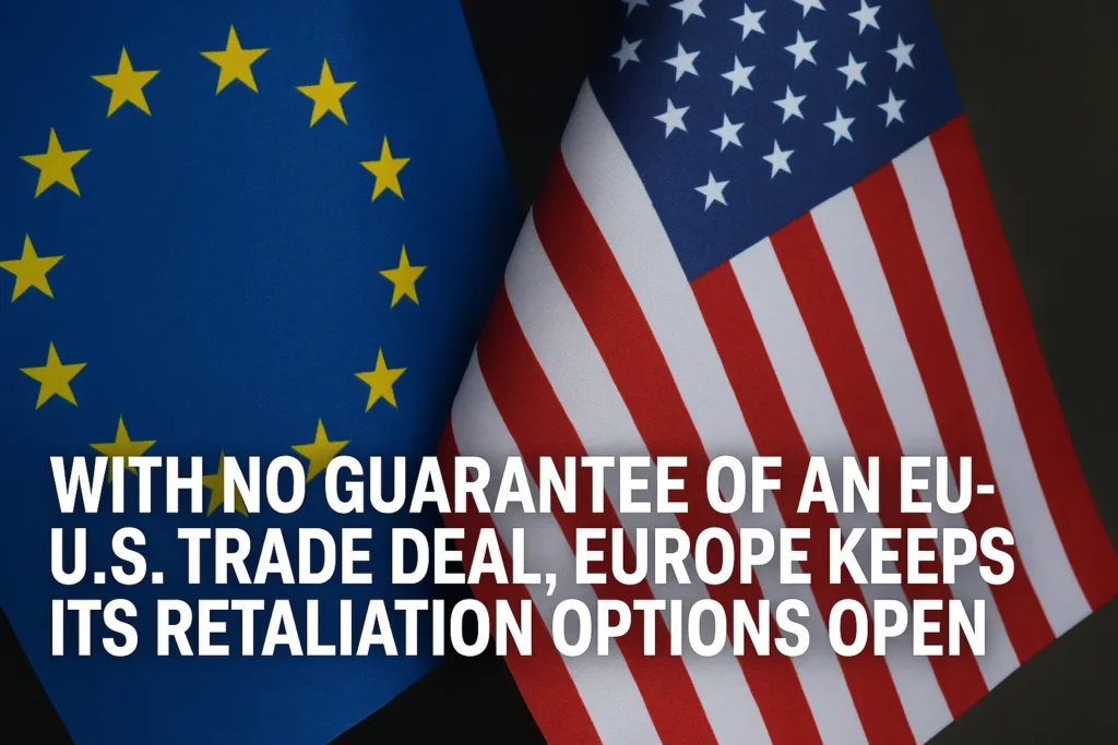 Current image: Close-up image of the European Union and United States flags side by side, symbolizing ongoing trade negotiations and tension, with bold white text highlighting Europe's readiness to retaliate amid uncertainty over an EU-U.S. trade deal. Ask ChatGPT