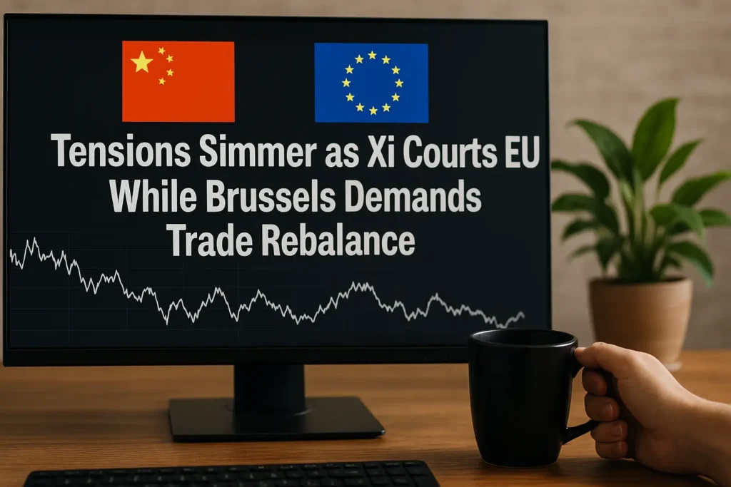Current image: Computer screen showing the headline 'Tensions Simmer as Xi Courts EU While Brussels Demands Trade Rebalance' with Chinese and EU flags above a stock market graph; a hand holding a black coffee mug is visible on a wooden desk with a potted plant in the background.